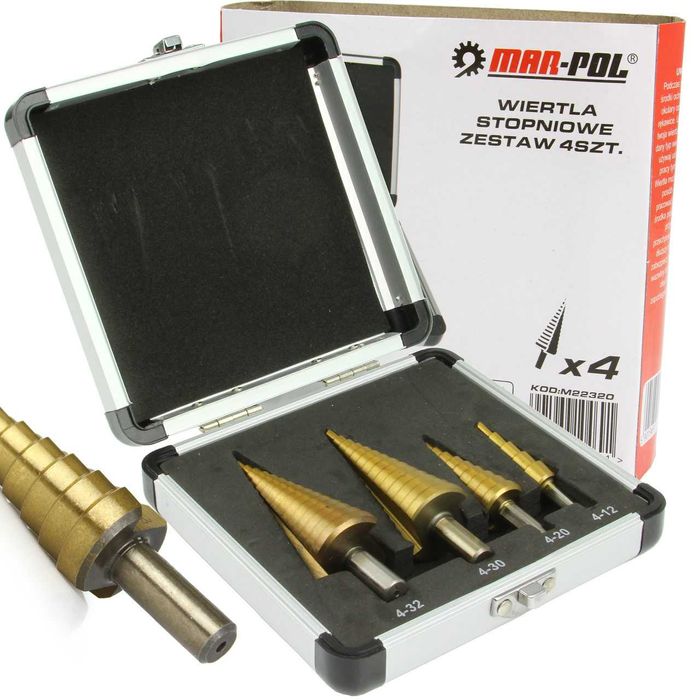 Zestaw Wierteł Stożkowych STOPNIOWYCH 4PCS /Metalowa Walizka