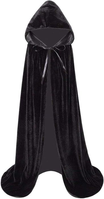 Czarna peleryna na Halloween z kapturem, aksamitna, 190 cm