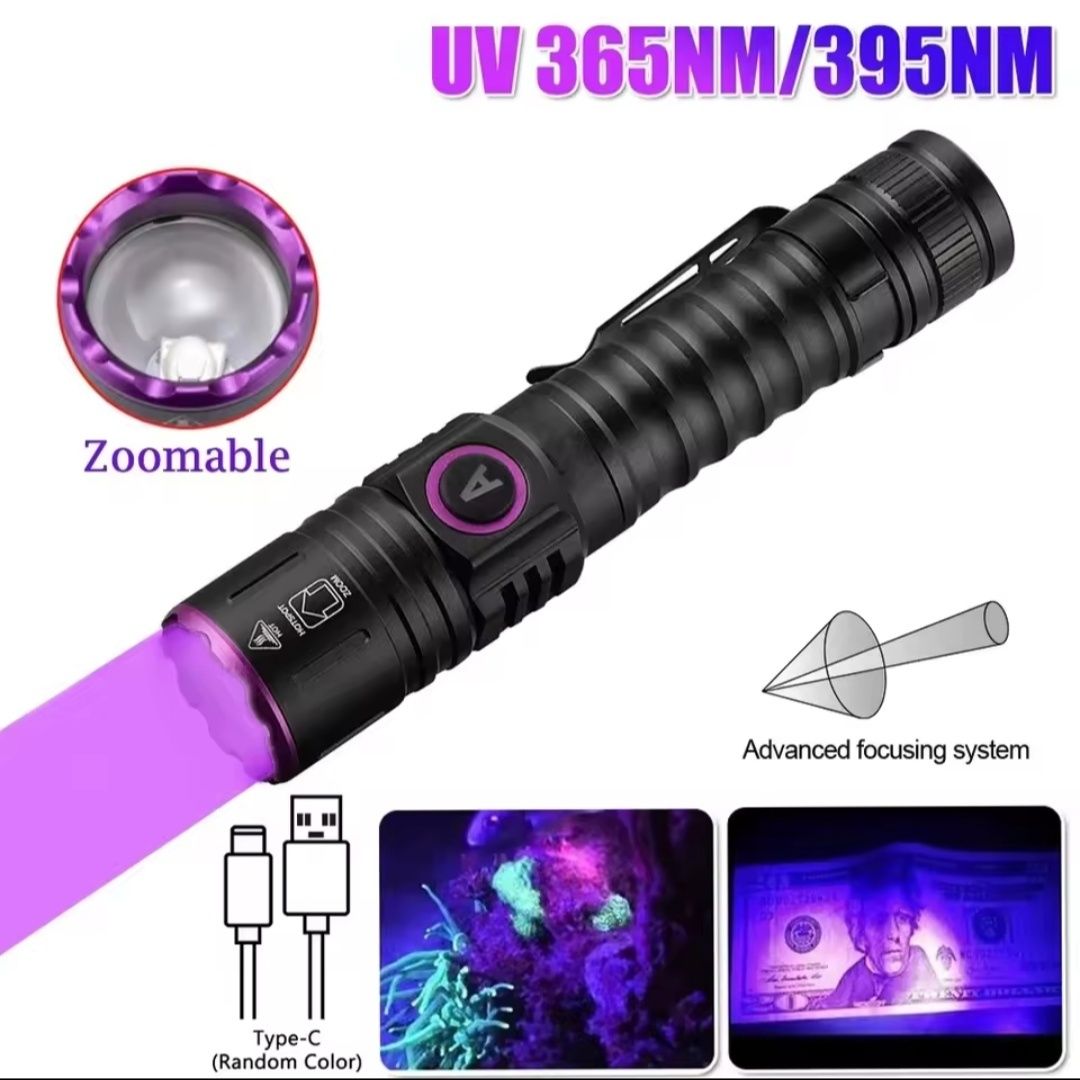 Latarka UV 365nm 5W do bursztynu klimy LED USB C akumulator ZOOM