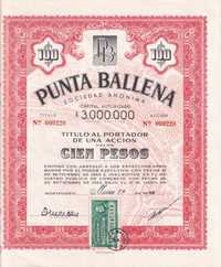 Akcja spółki PUNTA BALLENA SA, Urugwaj 1946r. Orginał