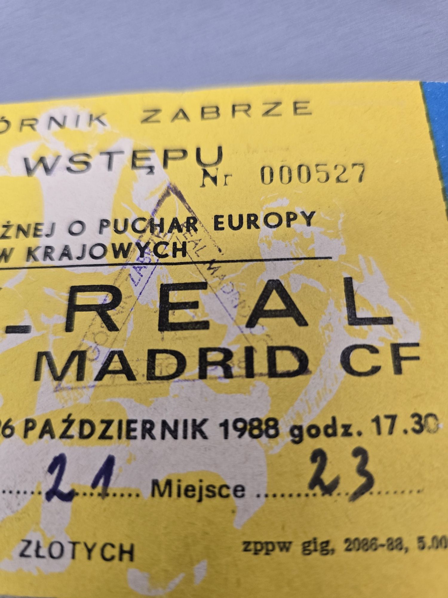 Bilet Górnik Zabrze Real Madryt 1988 Puchar Europy unikat