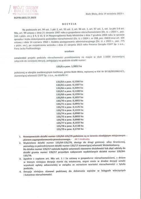 Sprzedaż dz. nr 135/78 obręb Łochowo