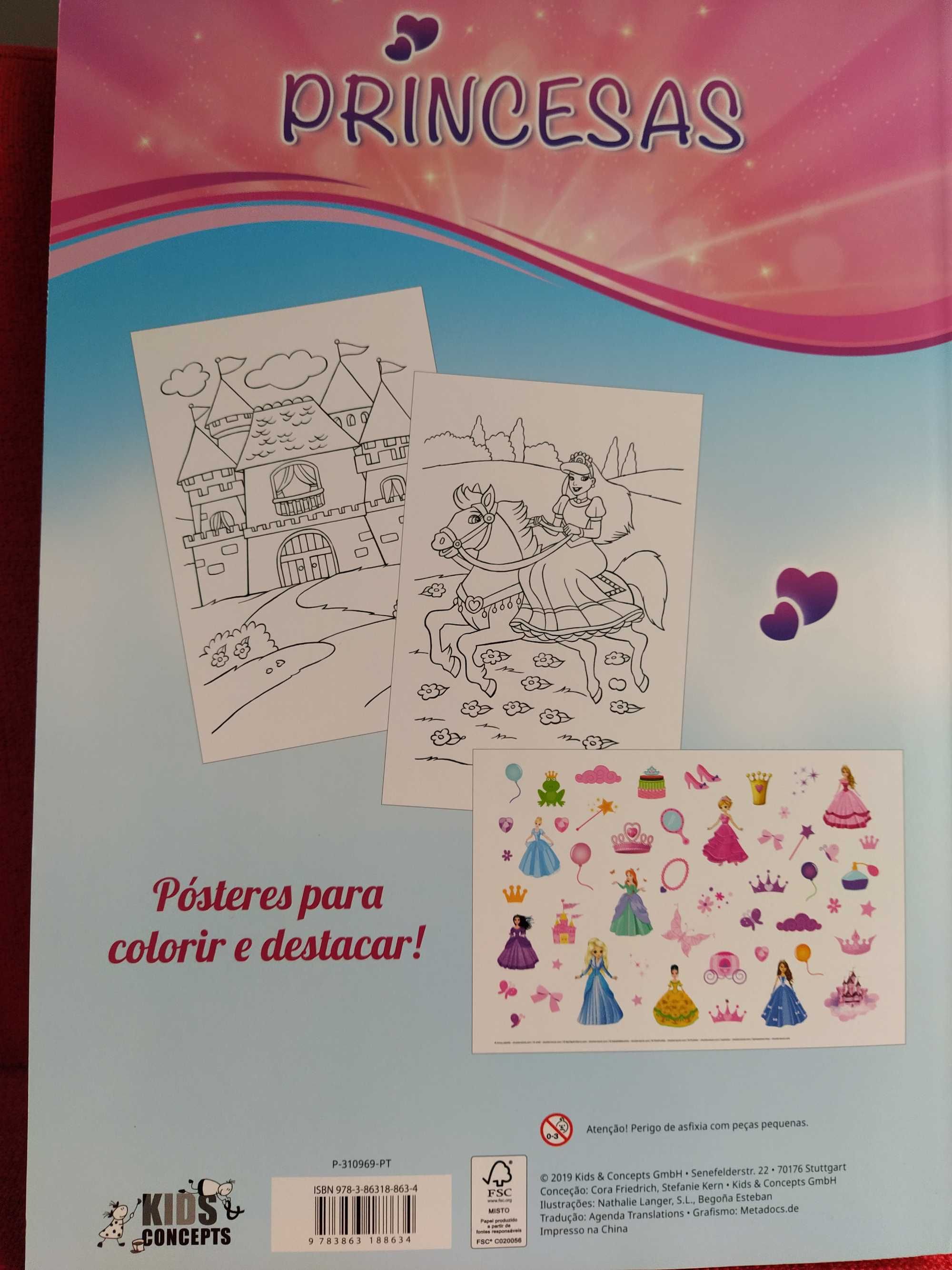 Bloco c/ 16 posters tam.A3 p/ colorir + autocolantes Princesas