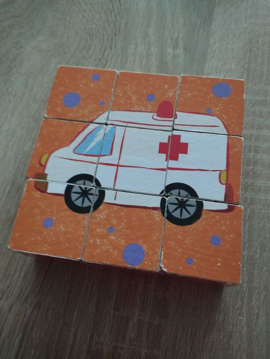 Drewniane puzzle kostki 6w1, pojazdy, wóz strażacki, statek, karetka