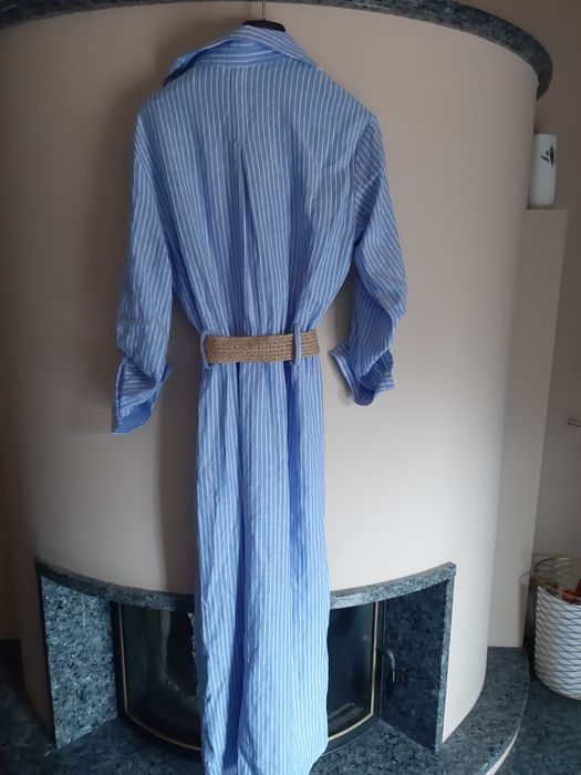 Sukienka Zara S długa koszula pasek len wiskoza Slim paski tkmaxx boho