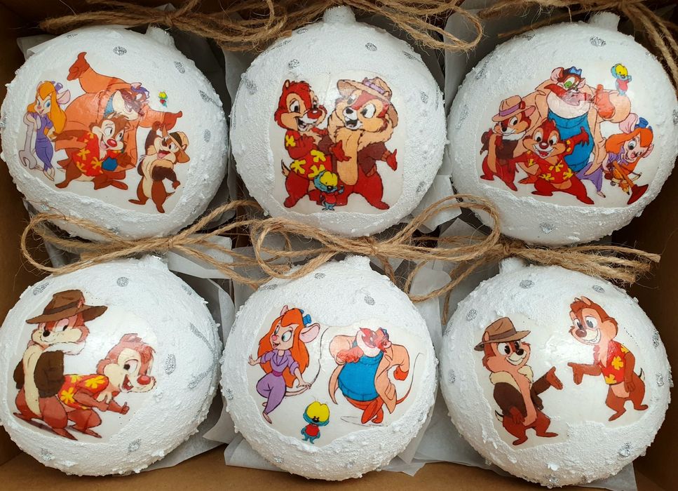 Bombki choinkowe śnieżki 100mm 6szt chip I dale brygada rr rękodzieło