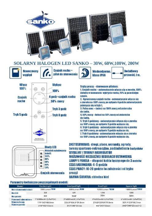 Lampa solarna SANKO LED E3 (100W) + panel słoneczny 25W czujnik ruchu