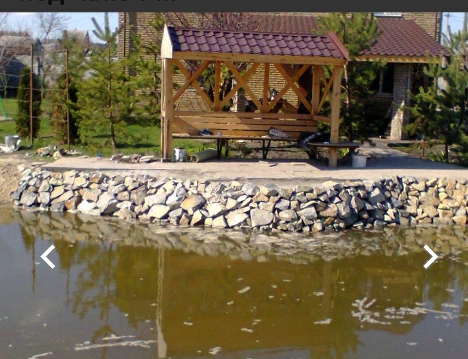 Укрепление берега бутовым камнем,шпунтом ПВХ.