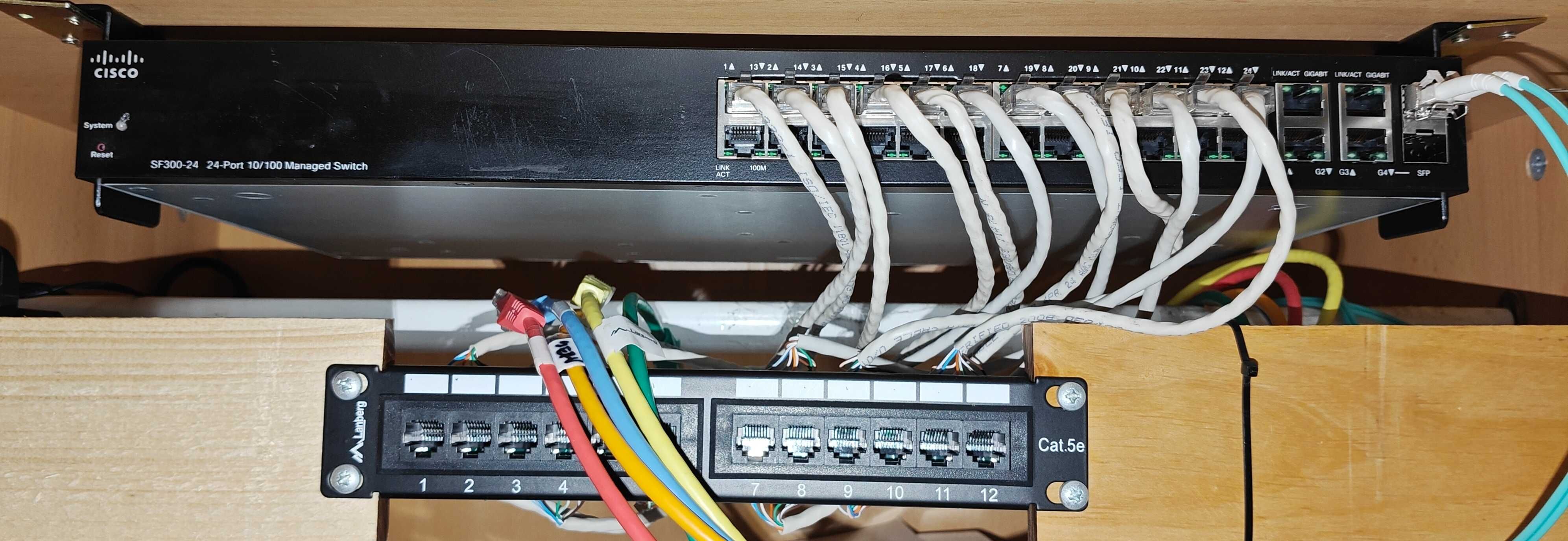 SF300-24 switch L2/3 + patchpanel Lanberg + przewody + Cisco GLX-SX-MM
