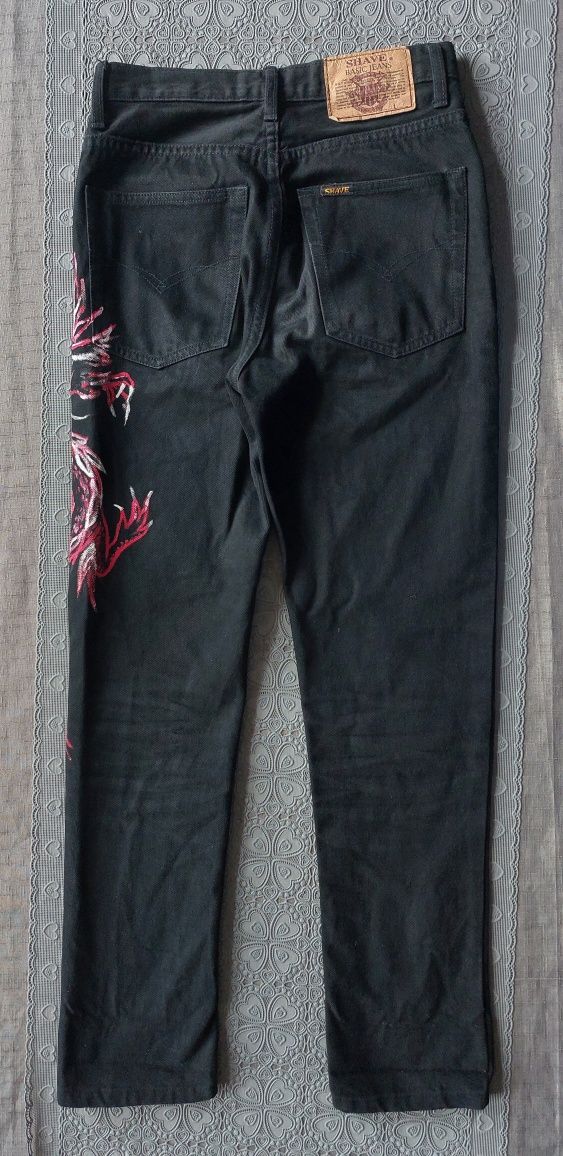 Polskie spodnie jeans, ręcznie malowane, smok, dragon, roz. 27, roz. S