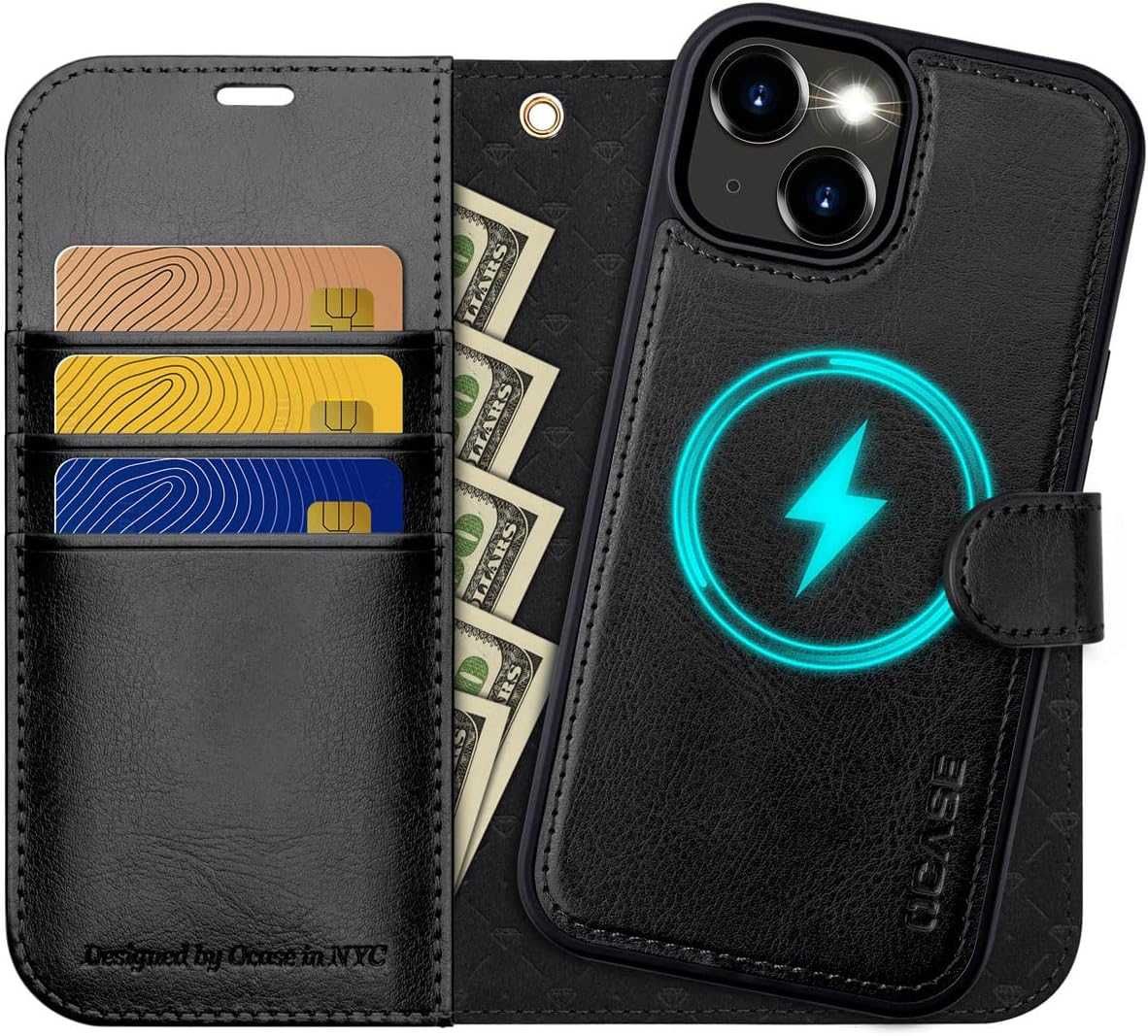 Ocase etui skórzane iPhone 15 PLUS stojak magsafe czarne portfel 2w1