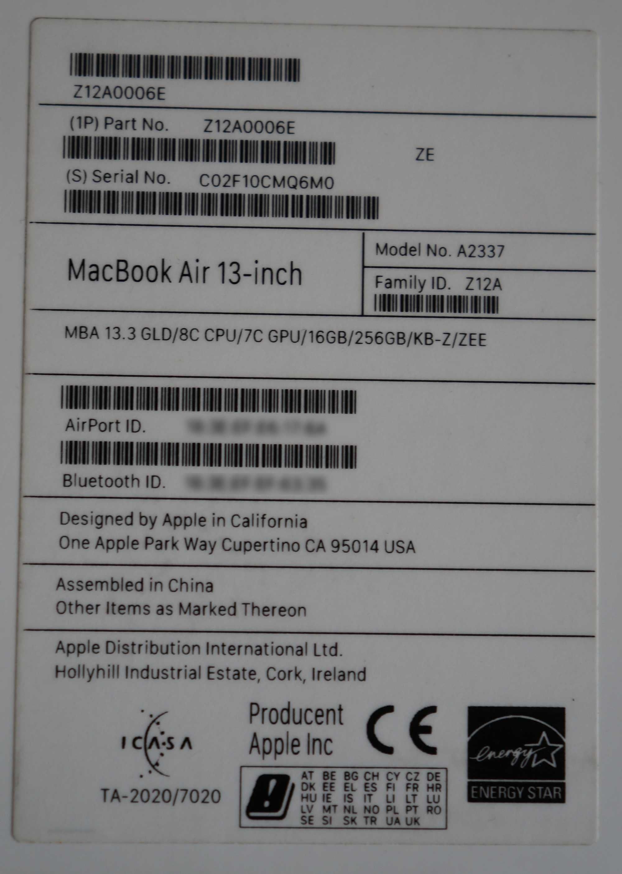 Apple Mac Book Air A2337 Gold ZESTAW Opakowanie Ładowarka Obudowa