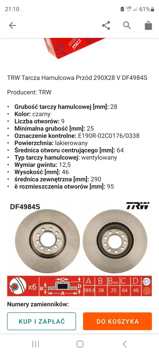 Tarcze hamulcowe TRW DF4984S Iveco Daily przód.  Cena za 2szt