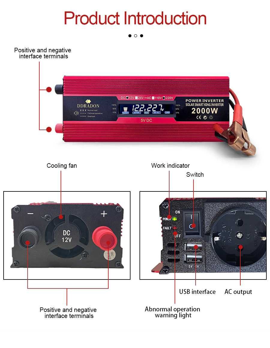 В наличии!Преобразователь 2000W/1000W с 12V на 220 напряжения инвертор