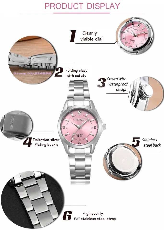 Damski zegarek różowy pink kwarcowy solidna bransoleta ze stali nowy
