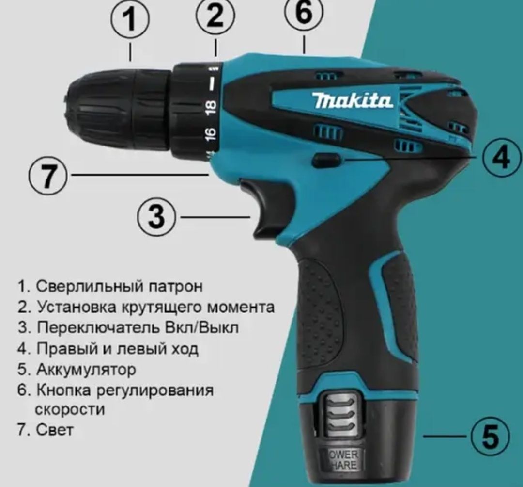 Акумуляторний шурупокрут 12 V з набором Makita DF330DWE, набір біт і з