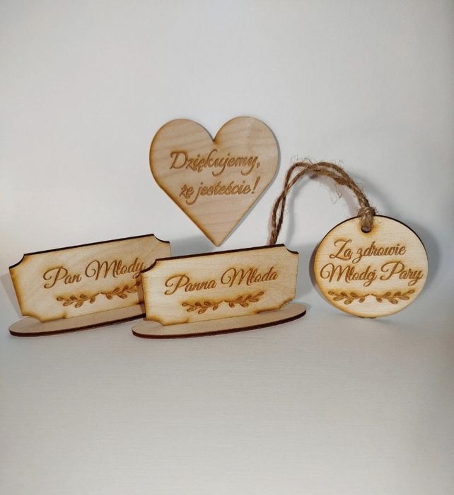Drewniane Dekoracje Ślubne Grawerowane - Winietki i Podziękowania