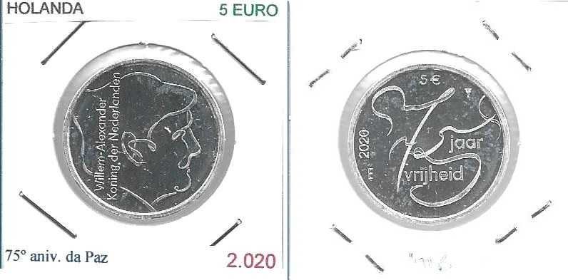 Holanda - - - 5 Euros - 2020 - - - 75 Anos de Liberdade- - - Moeda