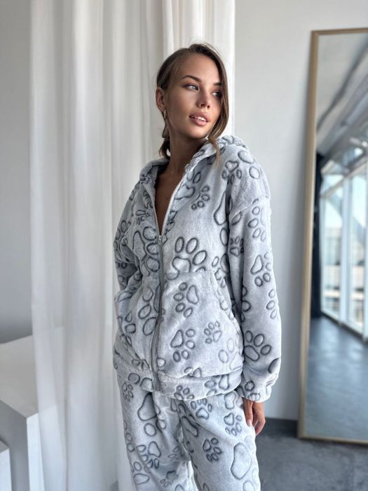 Женская махровая пижама зимняя кофта и штаны с принтом S-XXL свободная