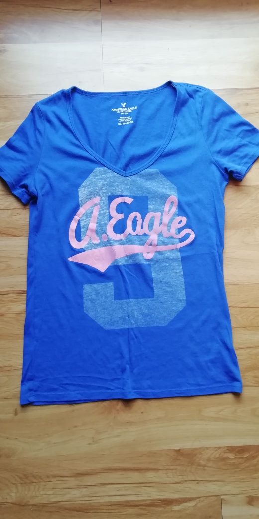Koszulka American eagle niebieska XS z różowym napisem t-shirt