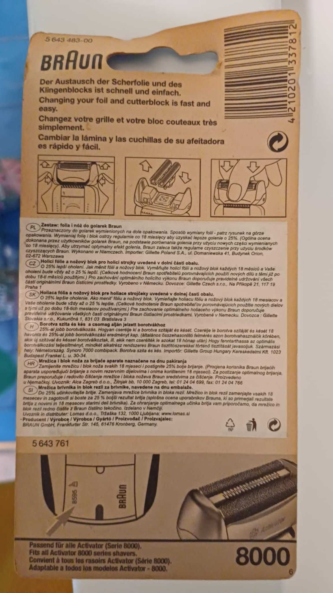 Zestaw : folia i nóż do golarek Braun typu 8000 np 8200, 8567 itd