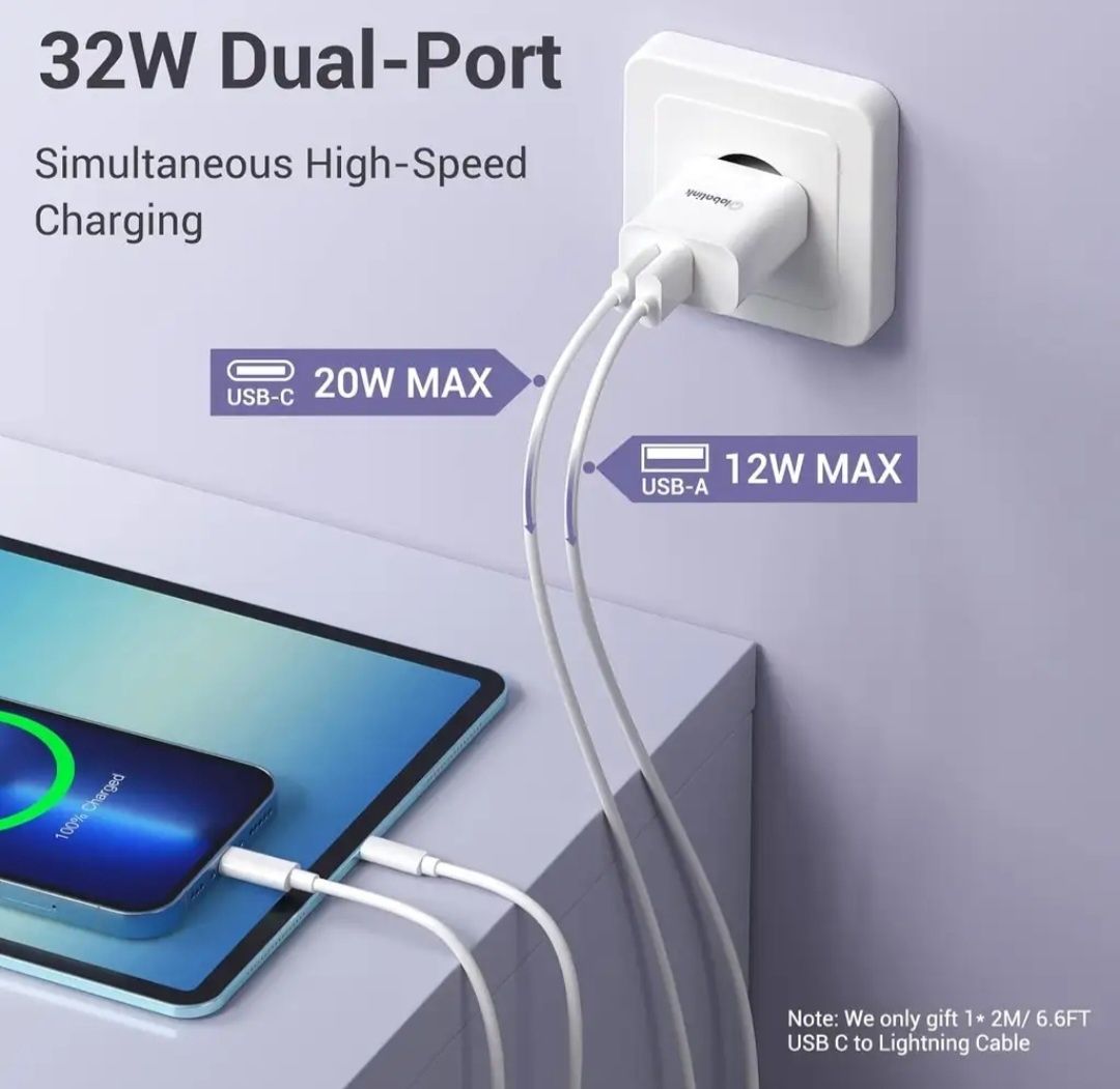 Szybka ładowarka 32 W do iPhone’a GlobaLink 2 porty USB-C z kablem