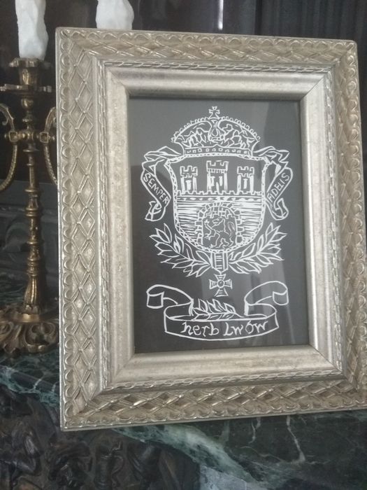 Lwów Odręczna grafika linoryt oryginał gruba zdobiona rama srebrna!