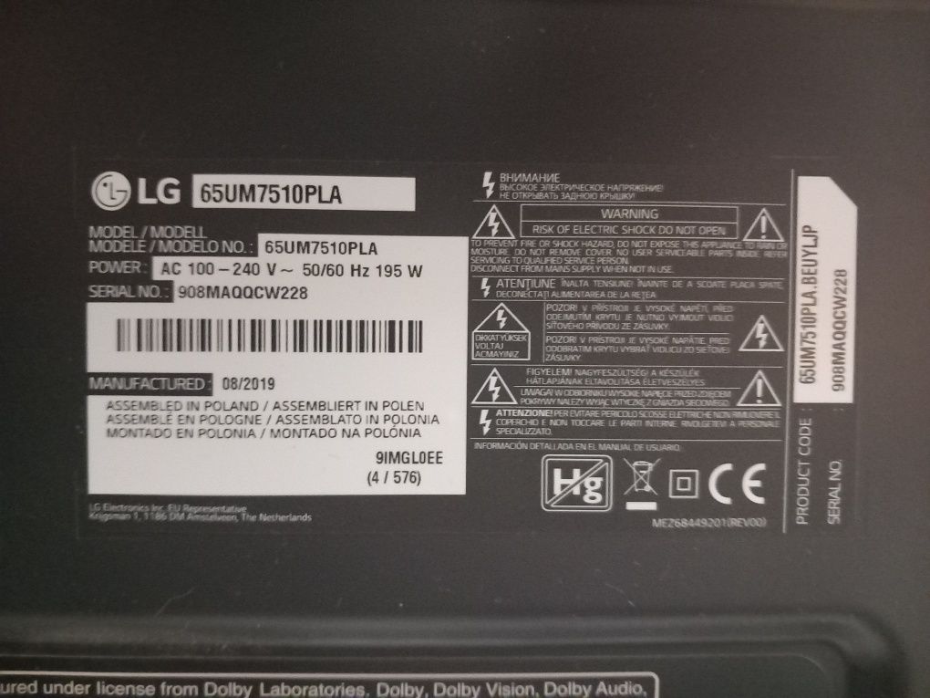 Telewizor LG 65" UHD, 4k, uszkodzony, części.