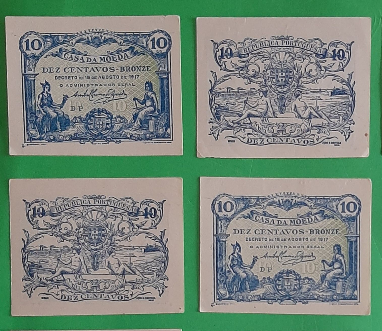 9 Cédulas Portuguesas de 10 Centavos de 1917. Muito bom estado. Raras