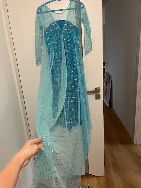 ELSA FROZEN strój, sukienka z trenem i akcesoria,