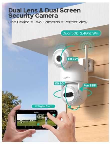 Podwójna kamera WiFi 360 stopni, śledzenie ruchu, 2x3MP, IP66