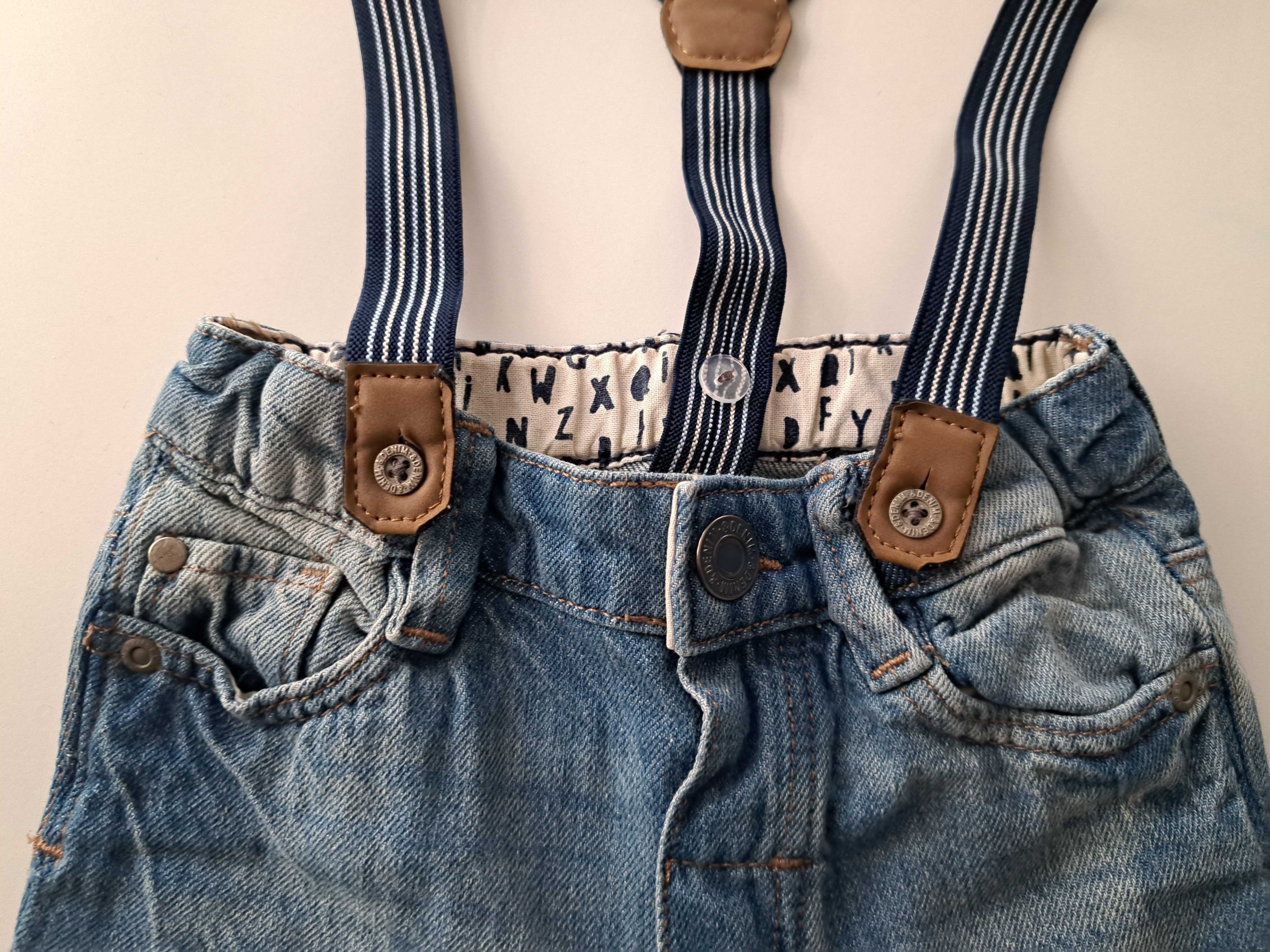 Jeansy# spodnie na szelkach# denim& 74 cm.#6-9 miesięcy # eleganckie