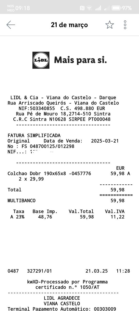 Colchão tripartido LIDL