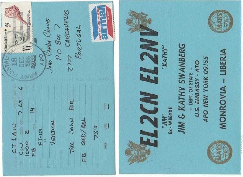 Postal radio amador, enviado da Libéria, com carimbo militar