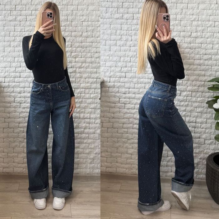 Жіночі широкі джинси палаццо зі стразами . Джинсы палаццо стразы