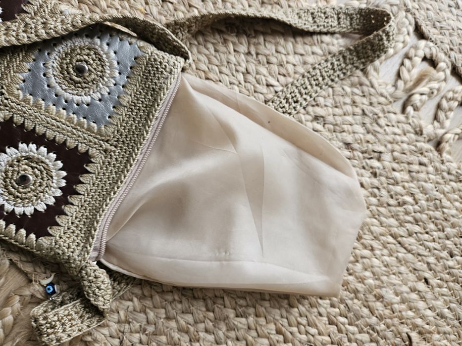 Mini Torebka damska Szydełkowa Boho Patchwork Brąz Srebro