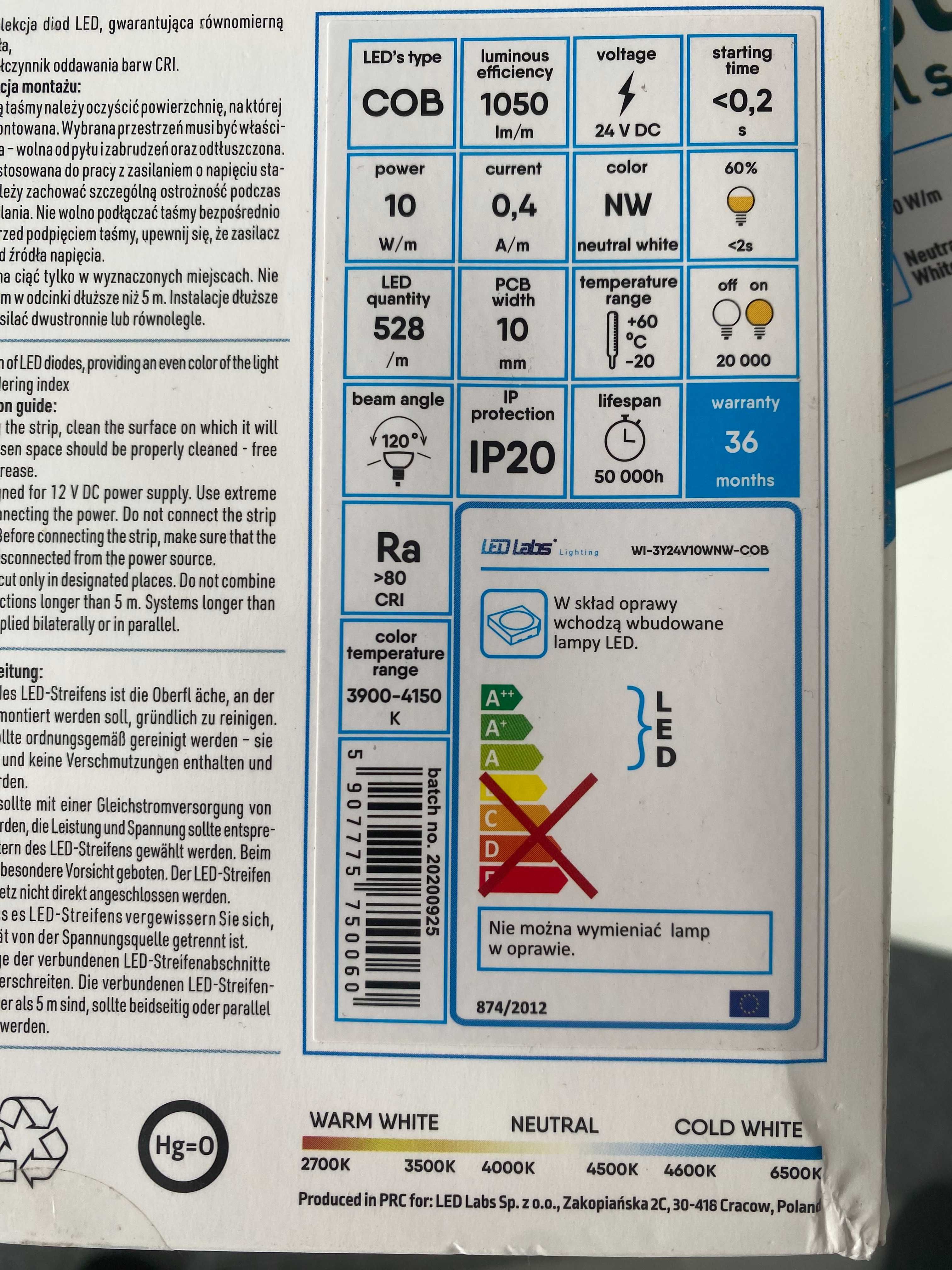 WYPRZEDAŻ TAŚMA LED PRO 24V COB 2640 10W/M neutralna 5 metrów