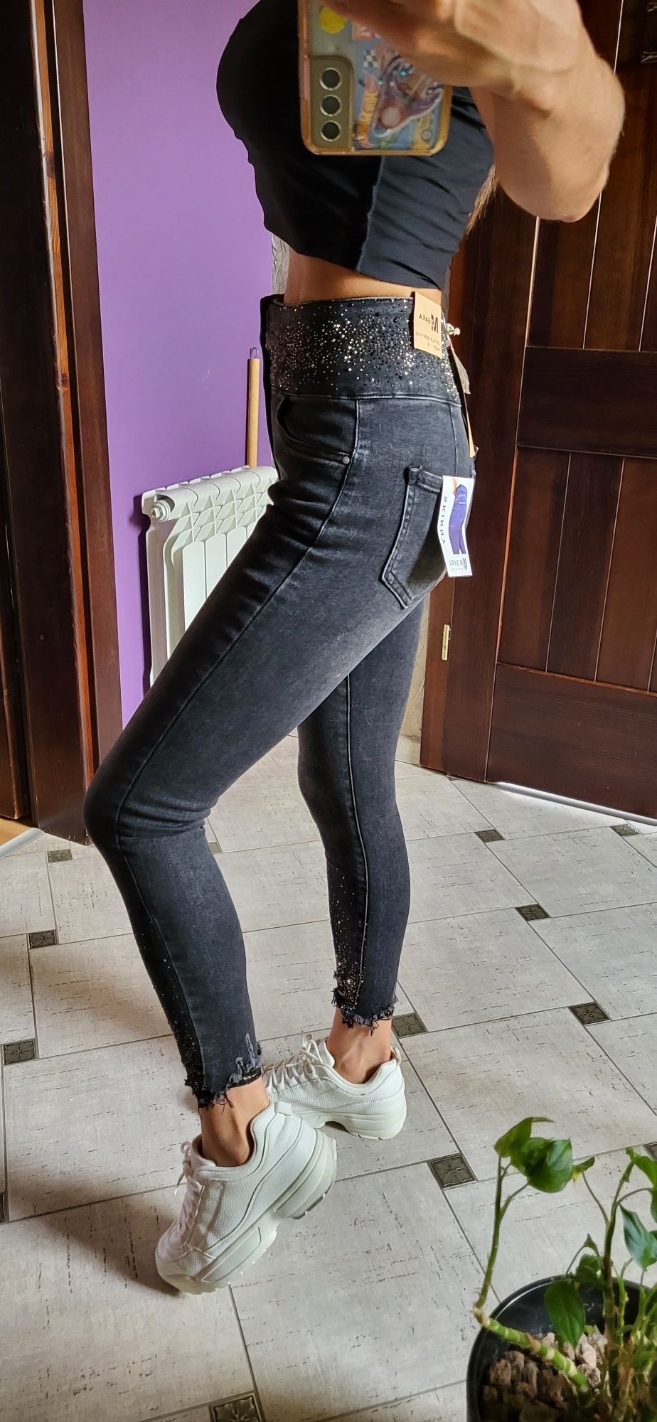 Msara spodnie jeansy czarne szeroki pas cyrkonie wysoki stan S