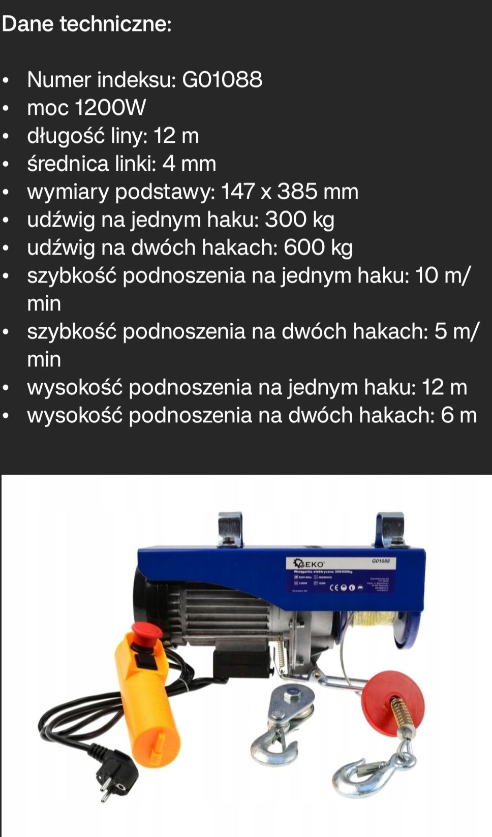 Wyciąg dźwig żuraw Geco 300/600kg nowy