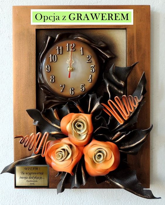 Trójwymiarowy obraz z zegarem i różami ze skóry + GRAWER