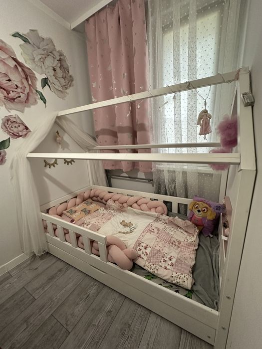 Łóżeczko dziecięce domek szuflada materac biale 160x80