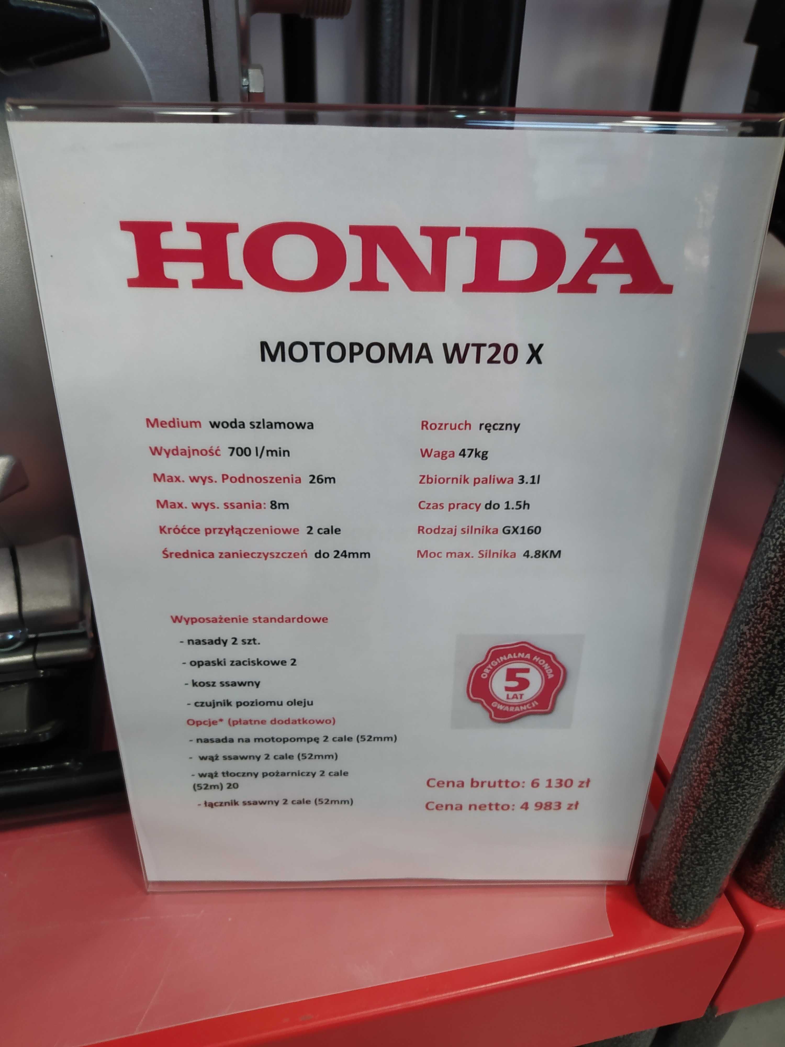 Pompa Honda oryginalna 700l/min 5 lat gwarancji WT20X