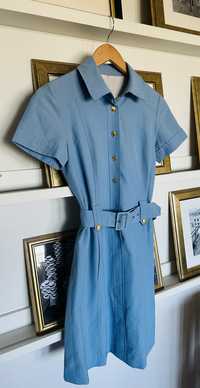 Niebieska sukienka vintage 36 S z paskiem i krótkim rękawem