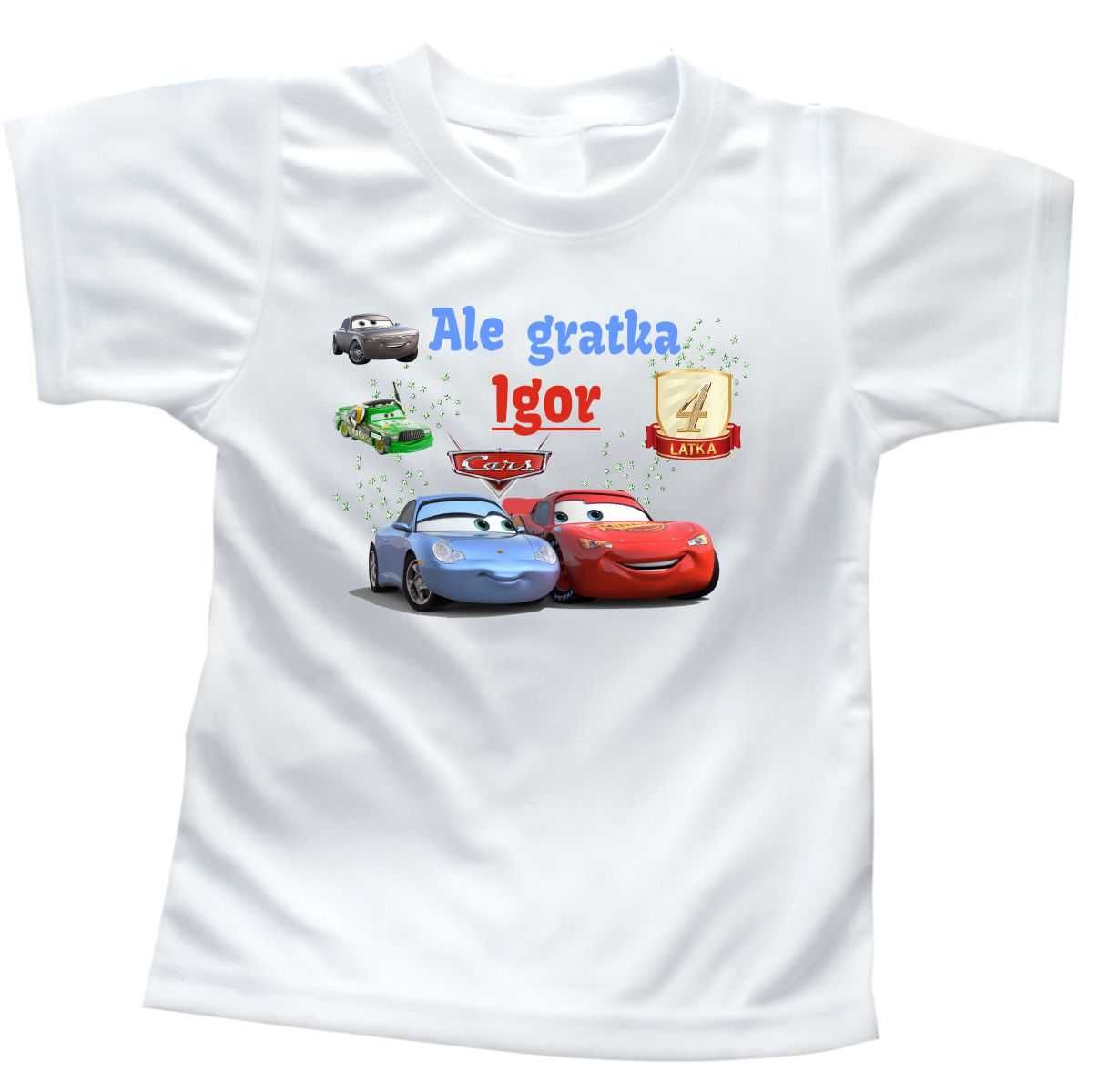 T- shirt na 4 Urodziny Cars + imię  Igor 110 cm