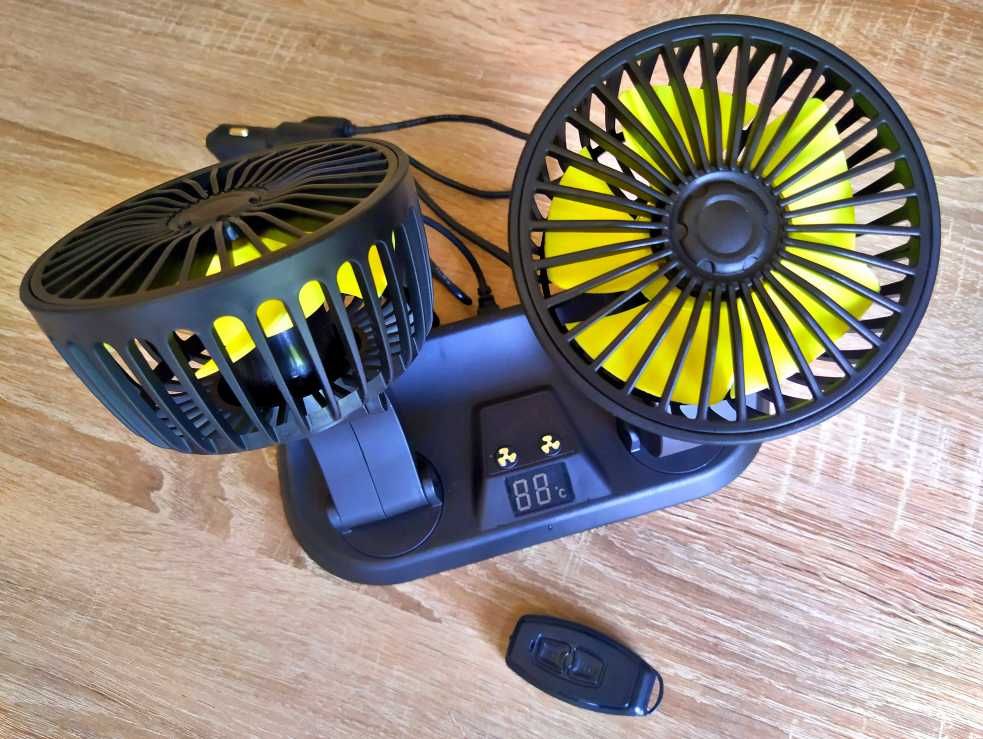 Вентилятор в авто подвійний 12V 24V з пультом градусником 2 швидкості