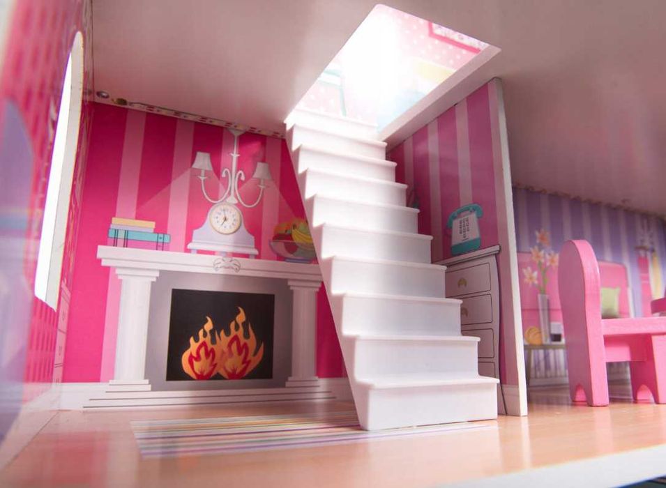 Drewniany Domek dla Lalek XL 70cm + LED i Mebelki – Różowy (-20%)