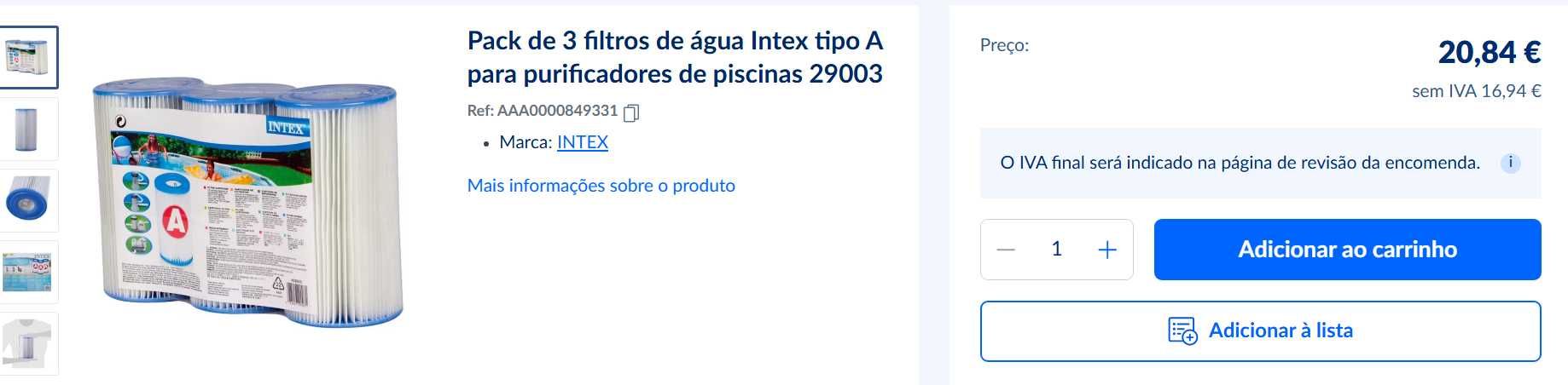 Filtro de piscina Intex "A"