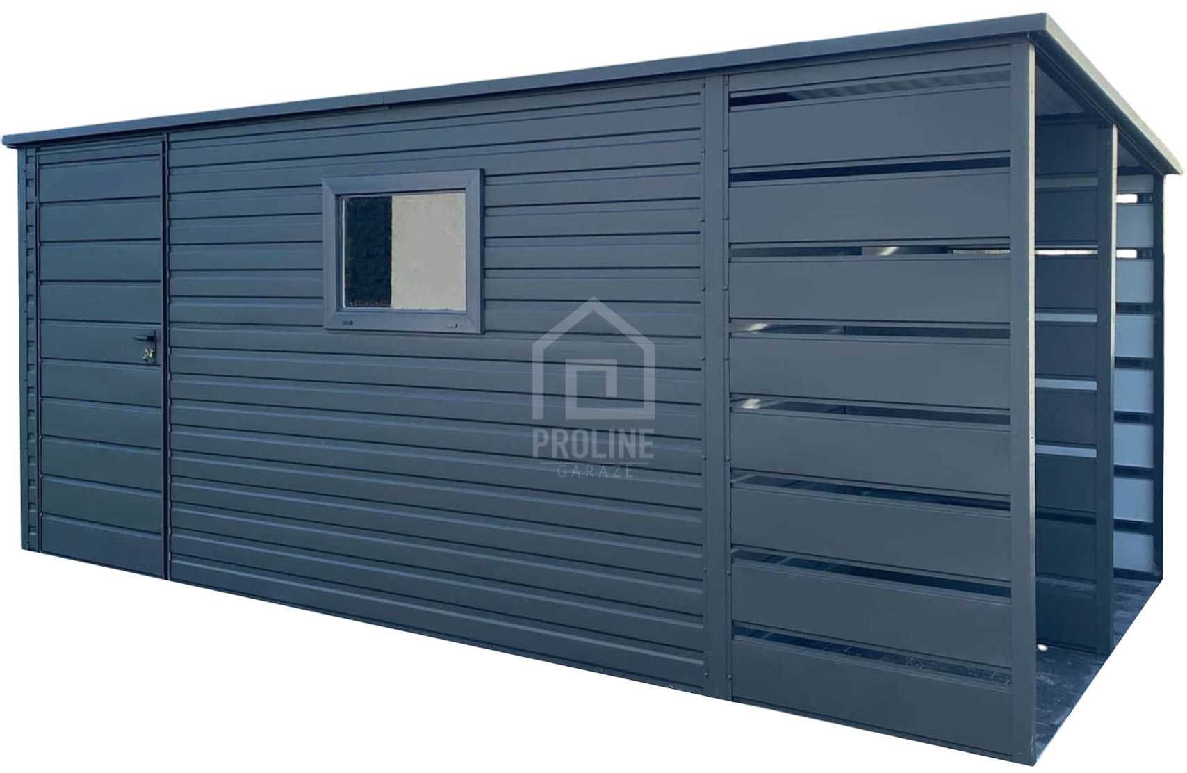 Schowek Domek ogrodowy 3,8x2,5 + wiata 1,2 drzwi okno dach spad PLG101
