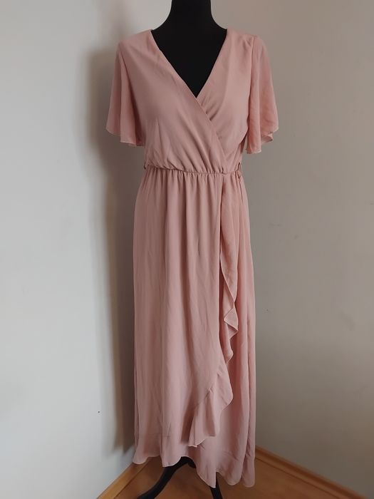 Dluga maxi sukienka wesele okazja pudrowy roz XS S 34 36