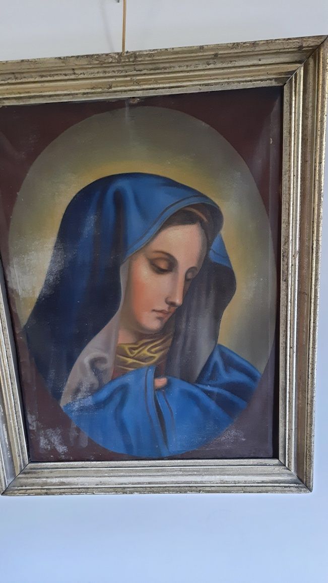 Stary obraz sakralny,Maryja bolesna. Oleodruk